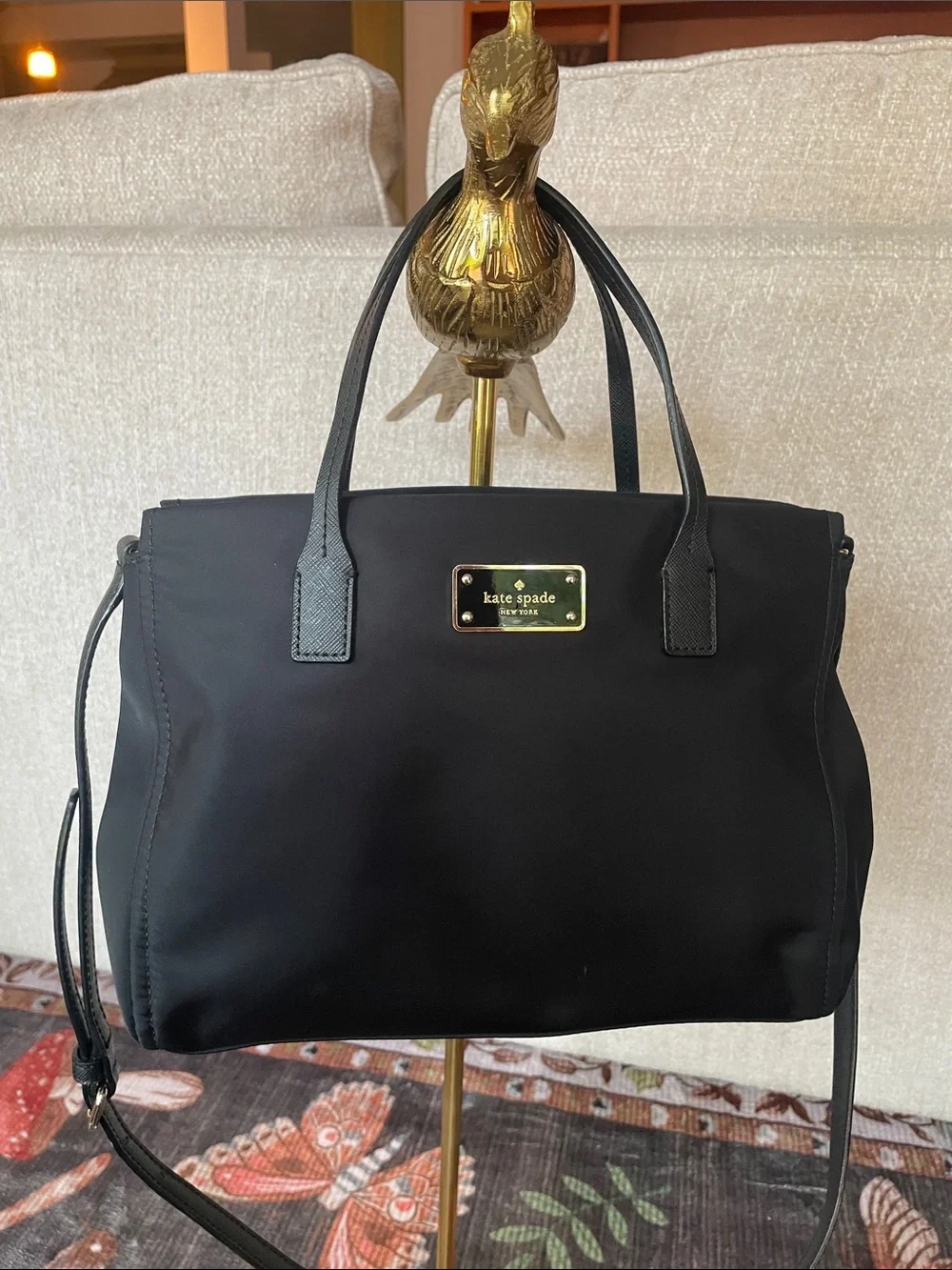 Kate Spade Black Nylon Satchel Bag with Gold Plaque Crossbody Strap EUC